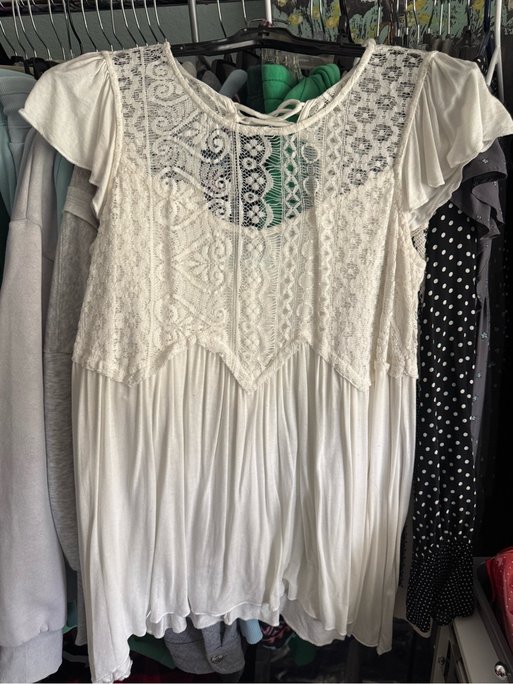 Maurice’s Women's White Lace Yoke Flutter Sleeve Top
